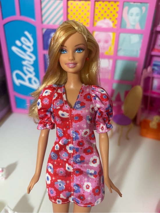 Barbie Other - Barbie Blonde Doll in Red & Pink Floral Dress